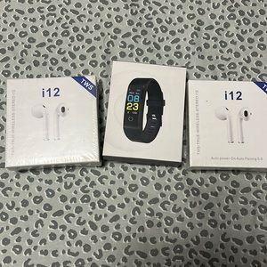 Two pairs of wireless ear buds and one smart bracelet, new never opened.